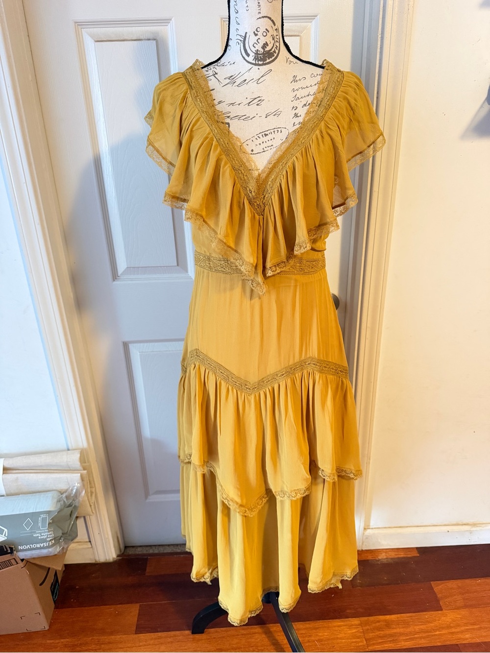Anthropologie Mustard Ruffle Tiered Midi Dress - Picture 5 of 11